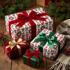 Vintage elf Christmas wrapping paper on gifts with red and green velvet bows by Wrapped Studios.