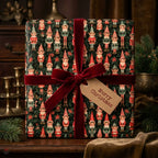 Vintage elf Christmas wrapping paper with a red velvet bow on a holiday gift by Wrapped Studios.