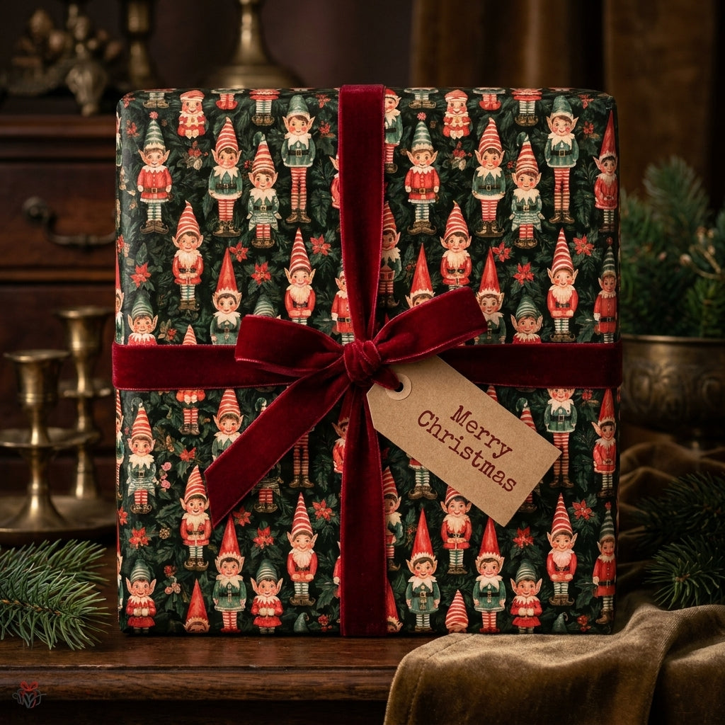 Vintage elf Christmas wrapping paper with a red velvet bow on a holiday gift by Wrapped Studios.