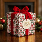 Vintage elf Christmas wrapping paper with red velvet bow and gift tag by Wrapped Studios.