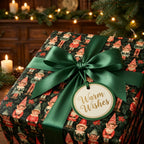 Vintage elf Christmas wrapping paper by Wrapped Studios, featuring a luxury green satin bow and tag.
