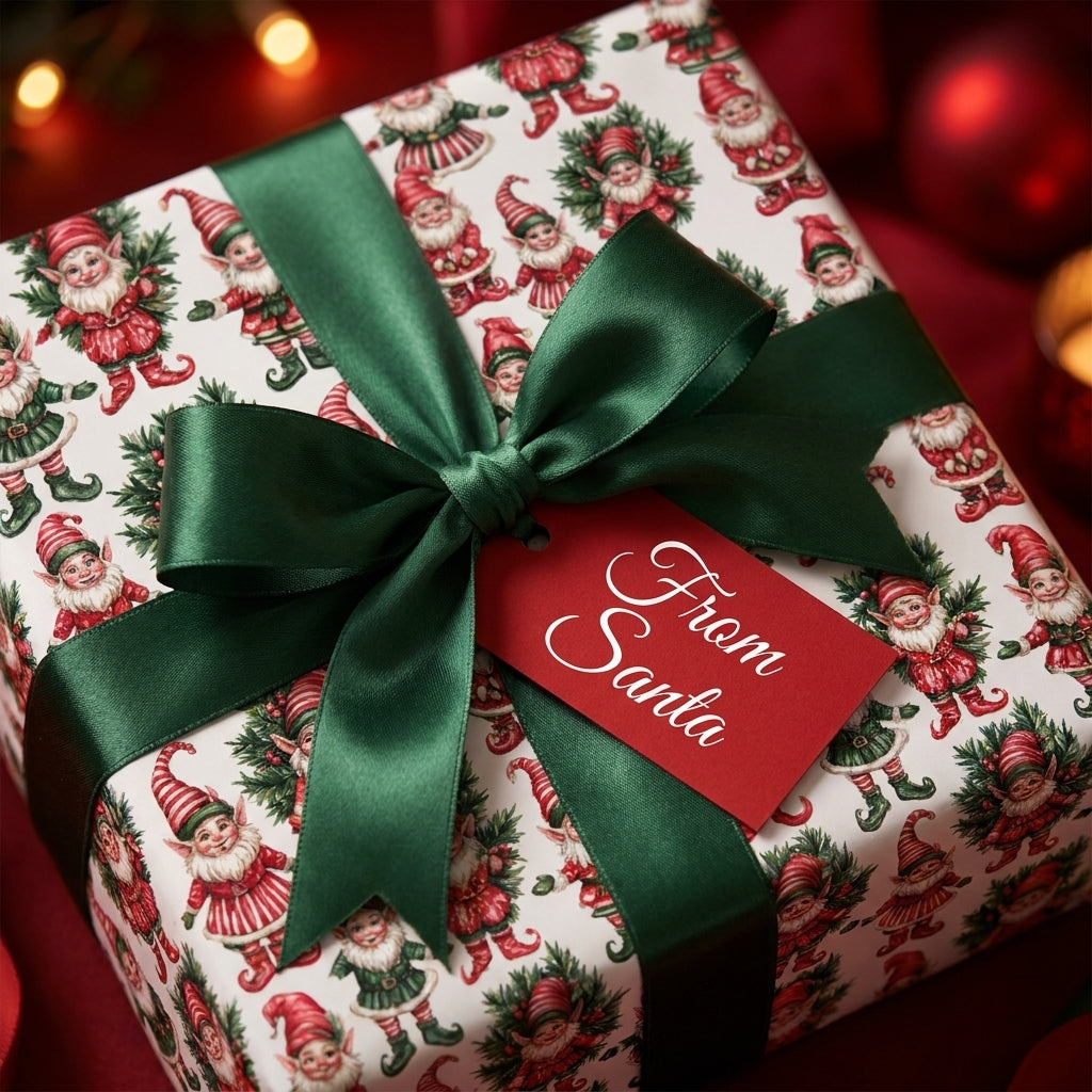 Vintage elf Christmas wrapping paper with a green satin bow and From Santa tag by Wrapped Studios.