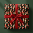 Vintage elf Christmas wrapping paper with a red satin bow on a dark green gift box, by Wrapped Studios.
