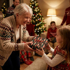 Grandmother giving a girl a gift wrapped in elf Christmas wrapping paper by Wrapped Studios.
