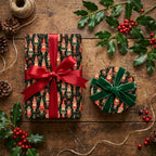 Vintage elf Christmas wrapping paper by Wrapped Studios on holiday gifts with red satin and green velvet bows.