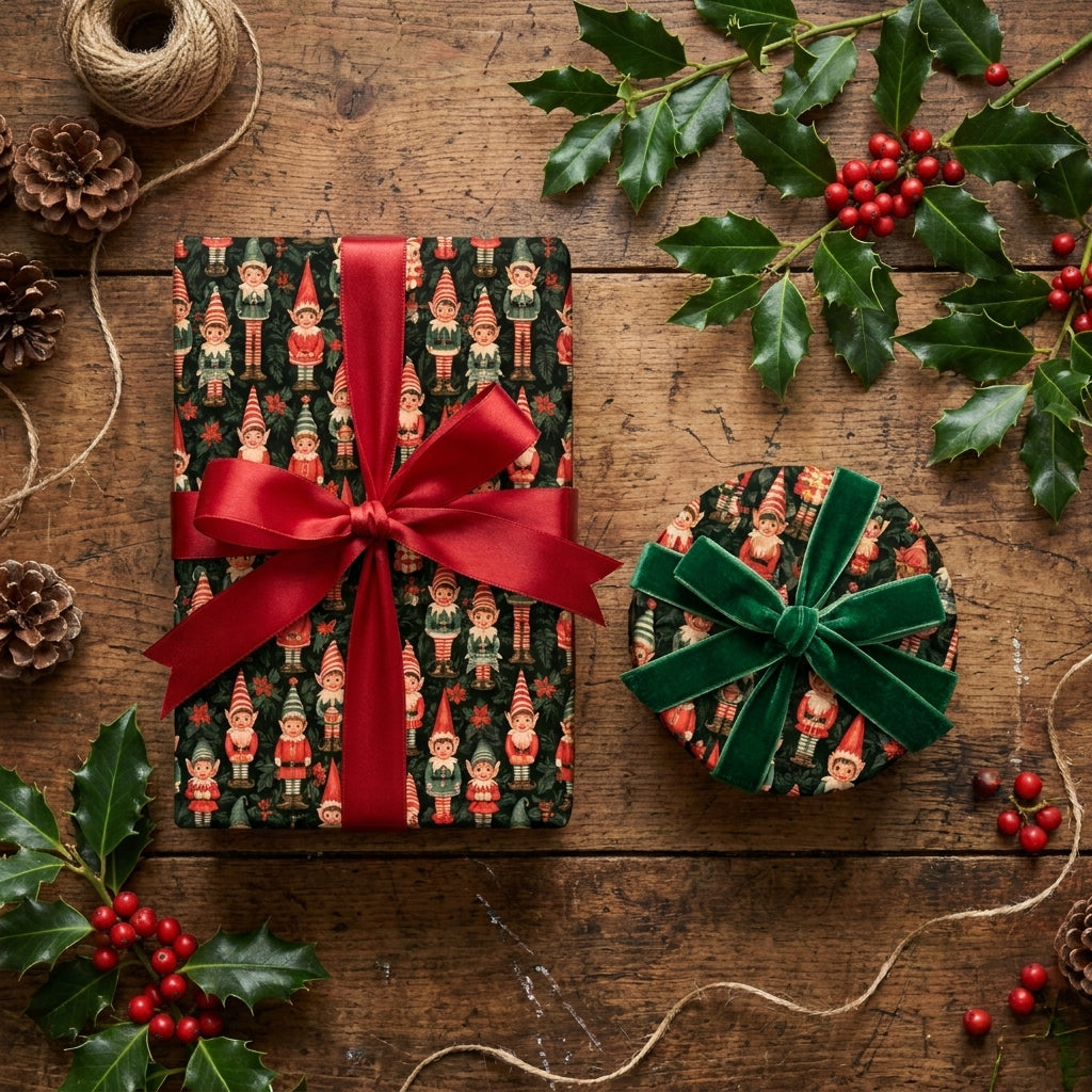 Vintage elf Christmas wrapping paper by Wrapped Studios on holiday gifts with red satin and green velvet bows.