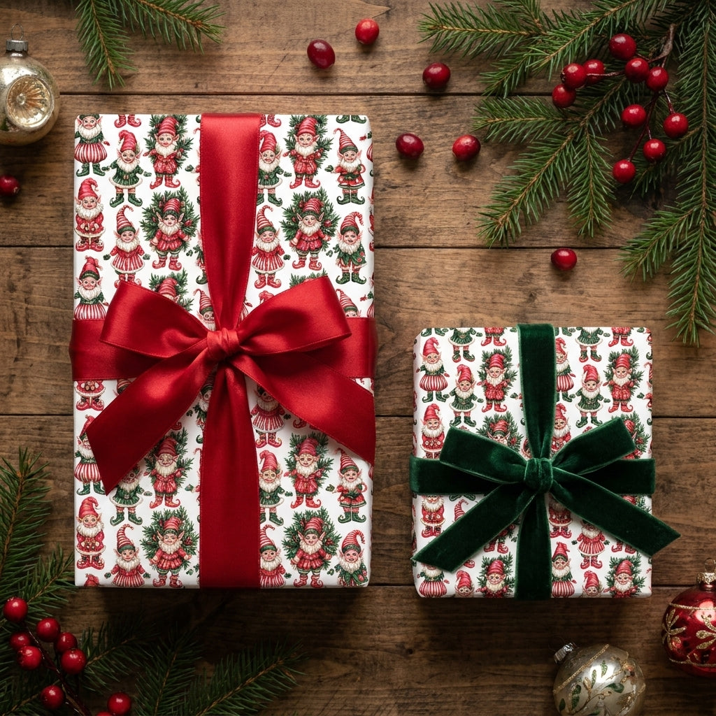 Vintage elf Christmas wrapping paper with luxury ribbons on rustic wood, by Wrapped Studios.