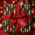 Vintage Christmas gift wrap featuring holiday elves and a red bow by Wrapped Studios.