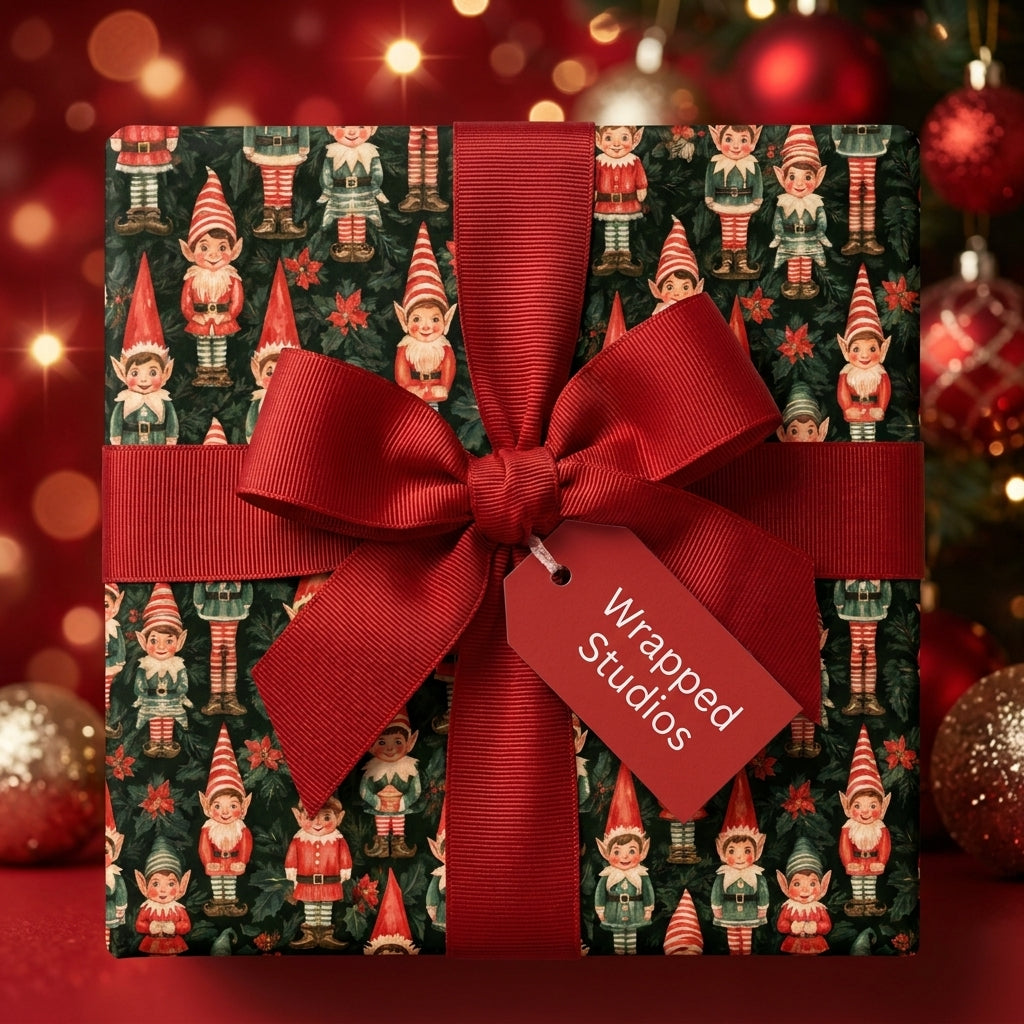 Vintage Christmas gift wrap featuring holiday elves and a red bow by Wrapped Studios.