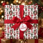 Vintage elf Christmas wrapping paper with a red bow and No Peeking tag by Wrapped Studios.