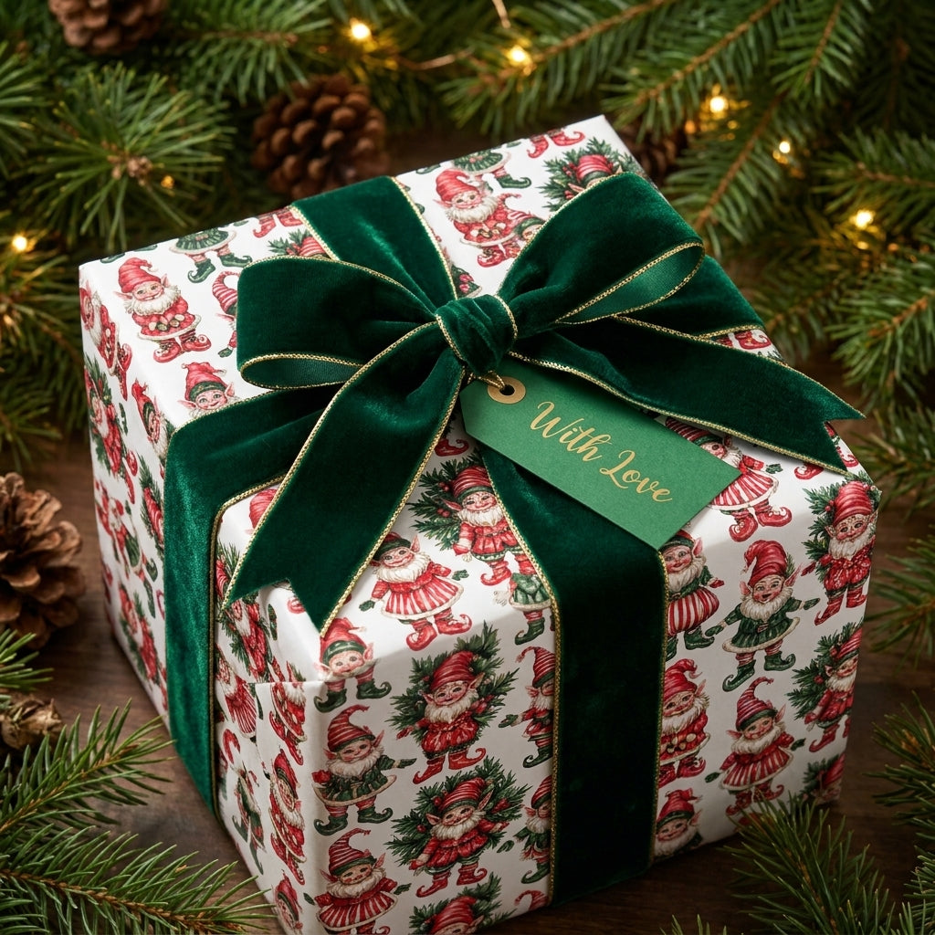 Vintage elf Christmas wrapping paper with a green velvet bow on a gift box, by Wrapped Studios.
