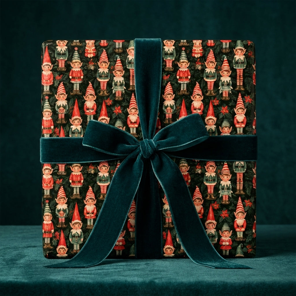 Vintage elf Christmas wrapping paper with a dark green velvet bow on a holiday gift box by Wrapped Studios.