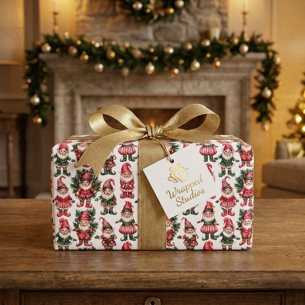 Vintage elf Christmas gift wrap by Wrapped Studios on a present with a gold bow by a cozy fireplace.