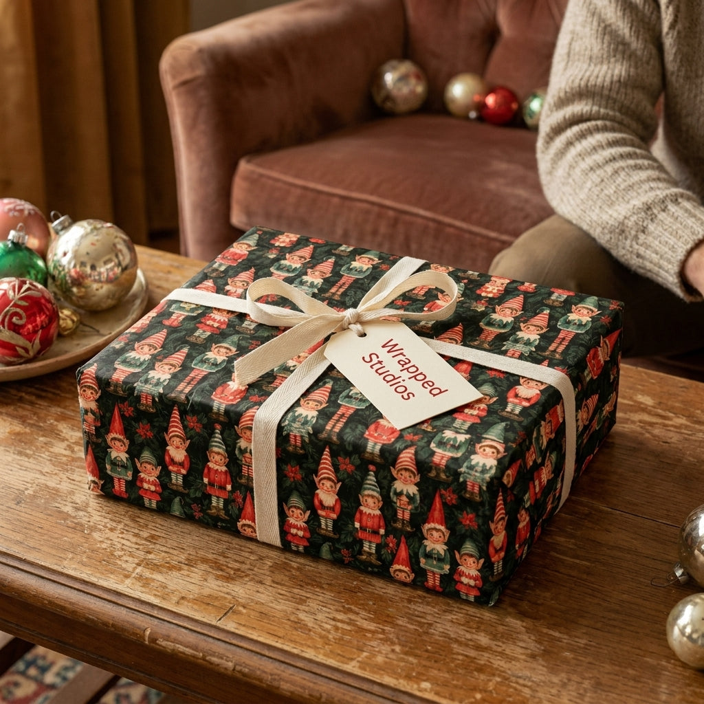 Vintage elf Christmas wrapping paper on a holiday gift box with cream ribbon, by Wrapped Studios.