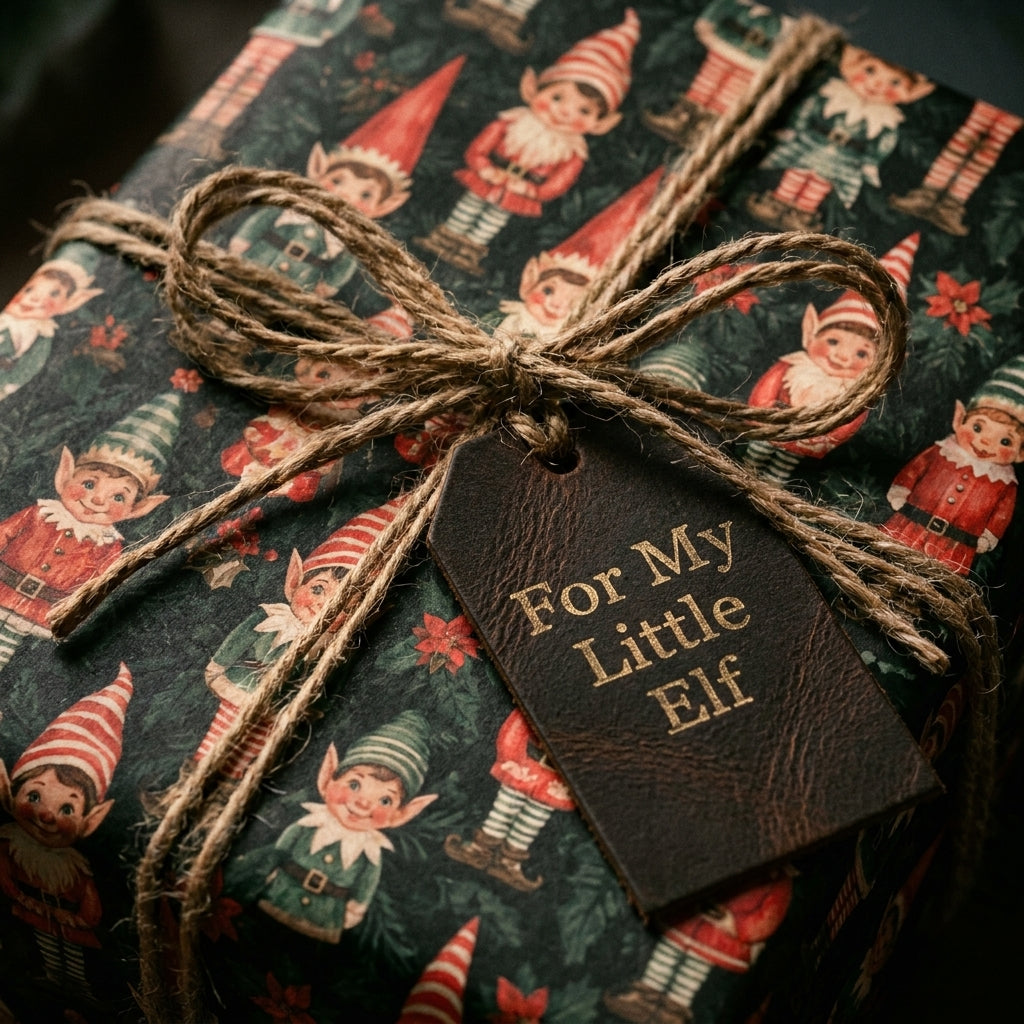 Vintage elf Christmas gift wrap with a rustic twine bow and leather tag by Wrapped Studios.
