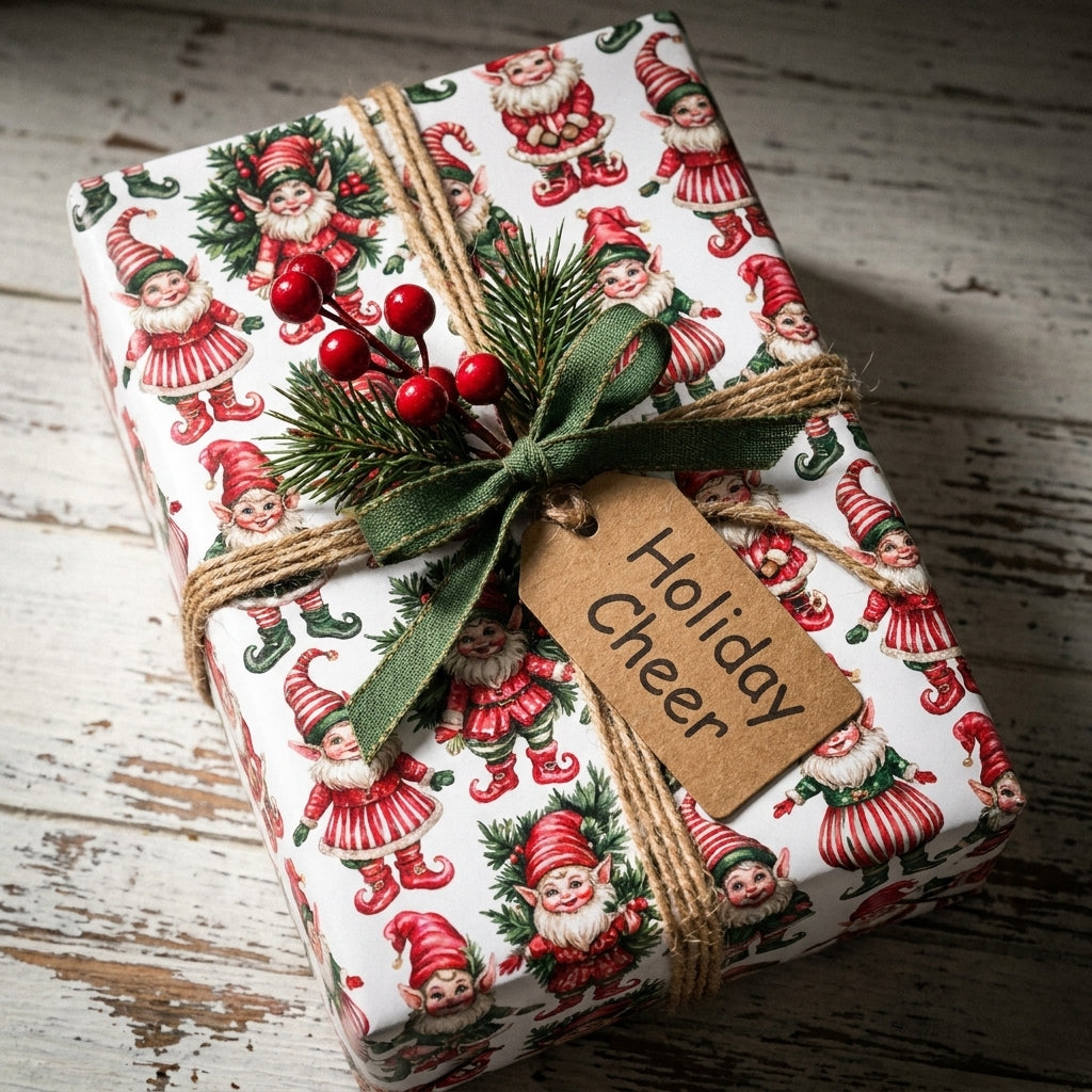Vintage elf Christmas wrapping paper on a gift with green ribbon and Holiday Cheer tag, by Wrapped Studios.