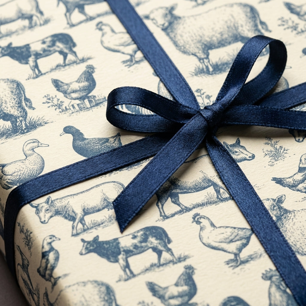 Rustic blue toile farm animal wrapping paper with a navy satin ribbon bow by Wrapped Studios.
