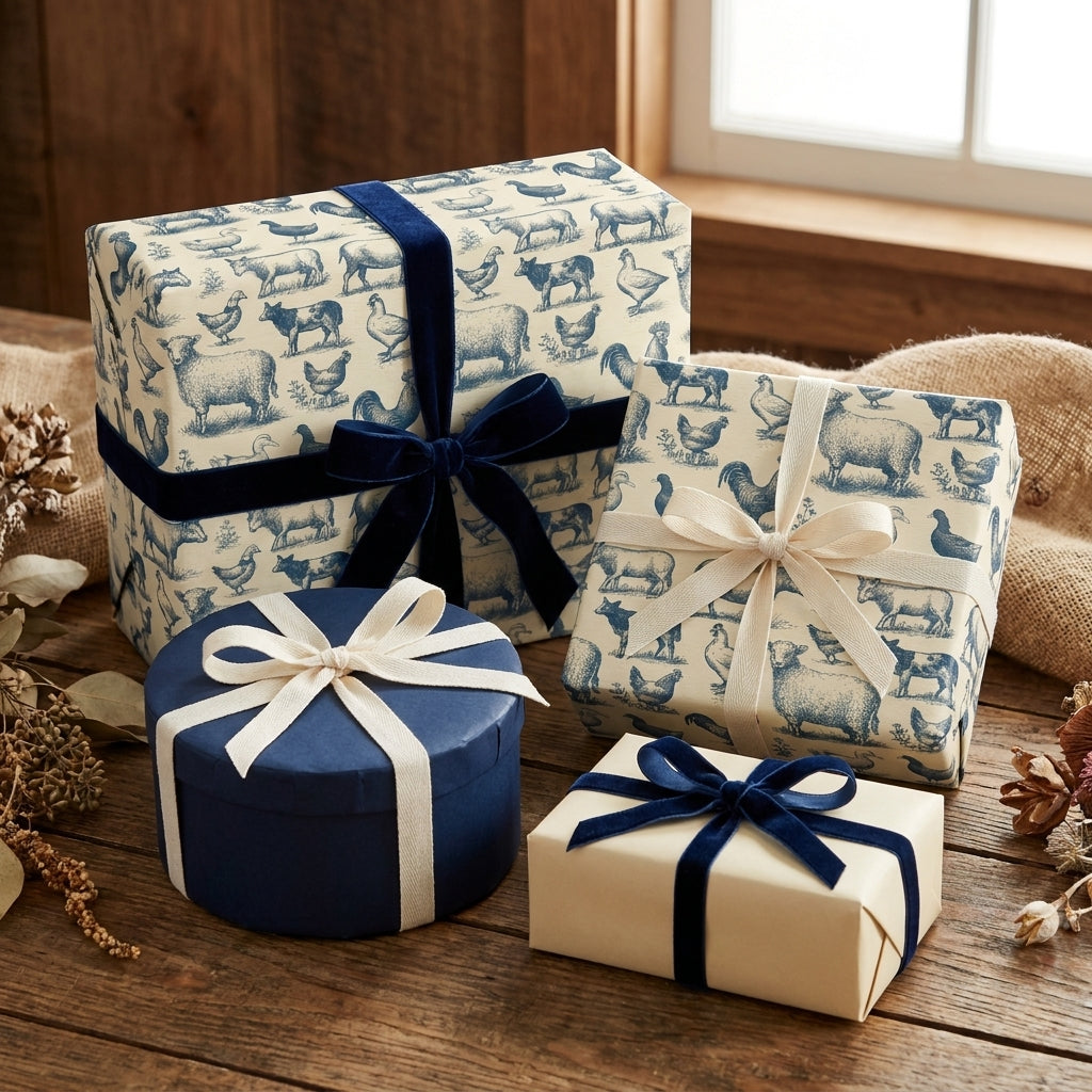 Rustic farmhouse wrapping paper with blue toile farm animals and navy velvet ribbon by Wrapped Studios.