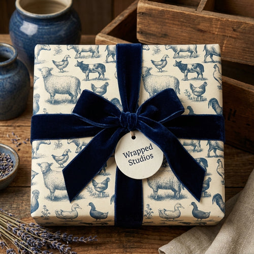 Rustic farmhouse wrapping paper with blue farm animals and navy velvet bow from Wrapped Studios.