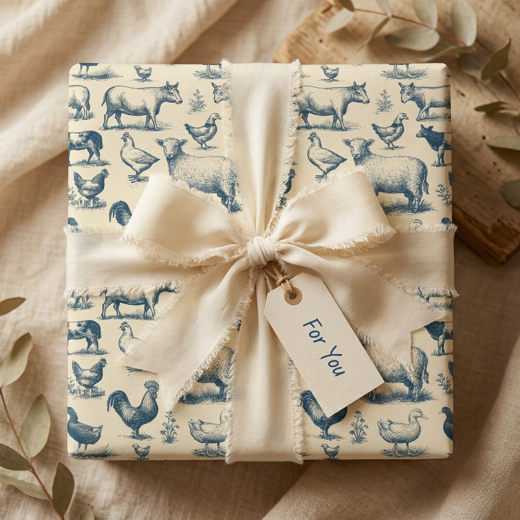 Vintage farmhouse wrapping paper with blue farm animals and cream ribbon by Wrapped Studios.