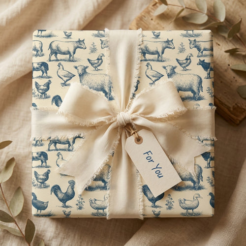 Vintage farmhouse wrapping paper with blue farm animals and cream ribbon by Wrapped Studios.