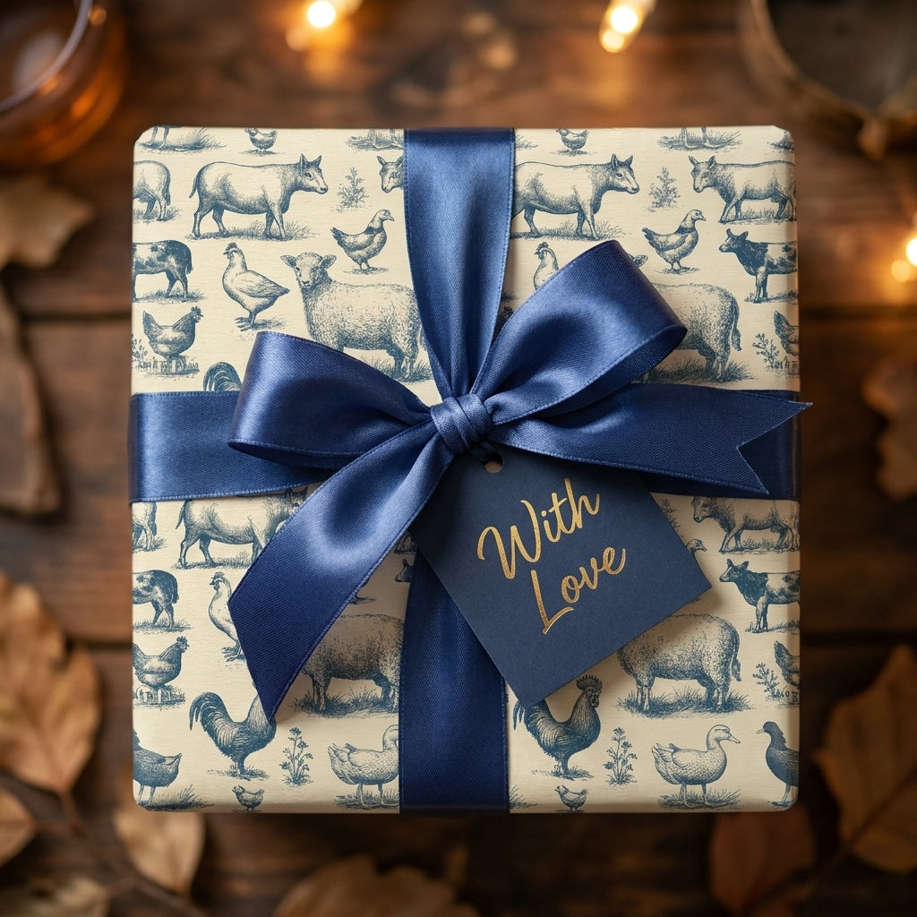 Vintage farm animal wrapping paper with a navy blue satin bow by Wrapped Studios.