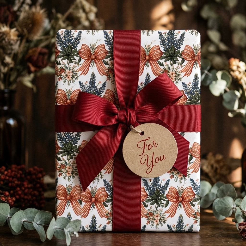 Vintage botanical holiday wrapping paper with a red ribbon and "For You" gift tag by Wrapped Studios.