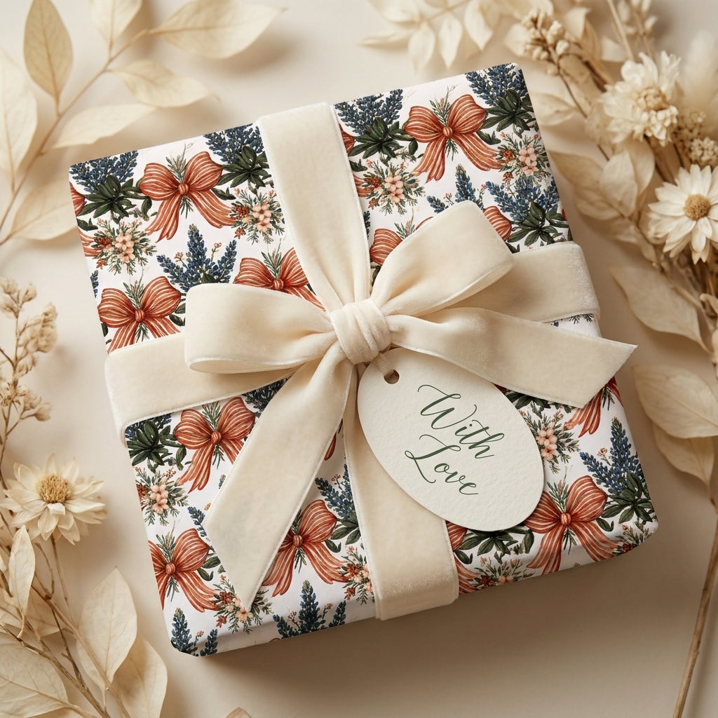 Vintage floral wrapping paper with cream velvet bow and "With Love" tag by Wrapped Studios.