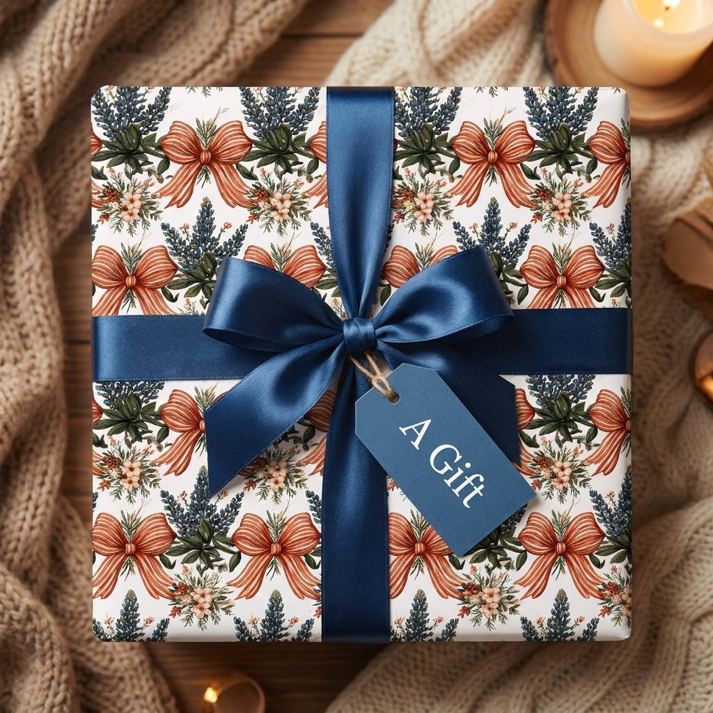 Elegant vintage Christmas wrapping paper with a blue satin ribbon and gift tag, by Wrapped Studios.