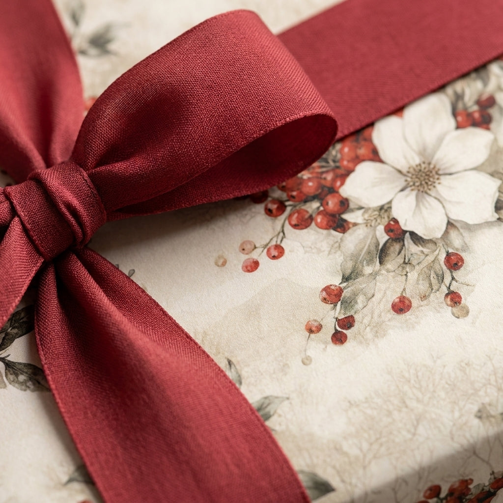 Vintage floral Christmas wrapping paper with red berries and a burgundy bow by Wrapped Studios.