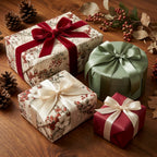 Elegant botanical Christmas wrapping paper with luxury velvet ribbons on holiday gifts by Wrapped Studios.