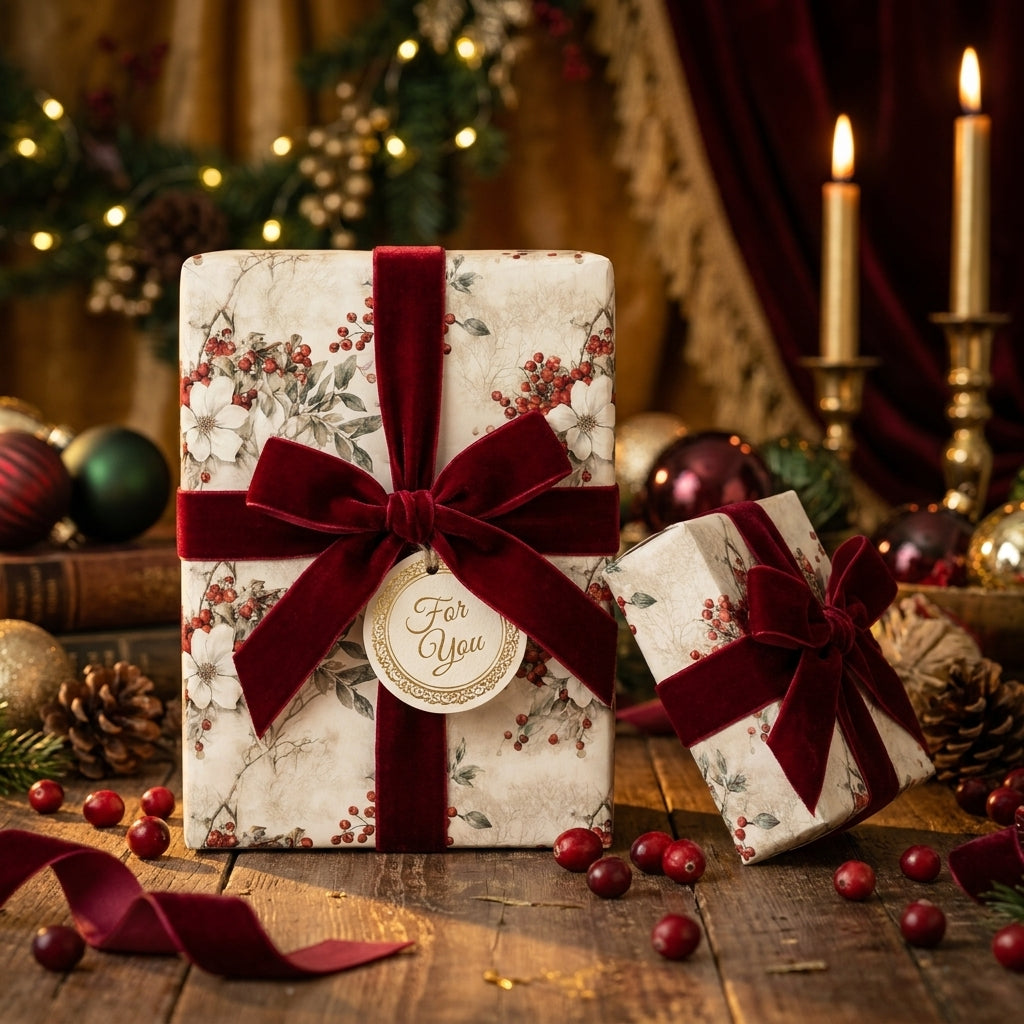 Luxury vintage Christmas wrapping paper with red velvet bow on gift boxes by Wrapped Studios.