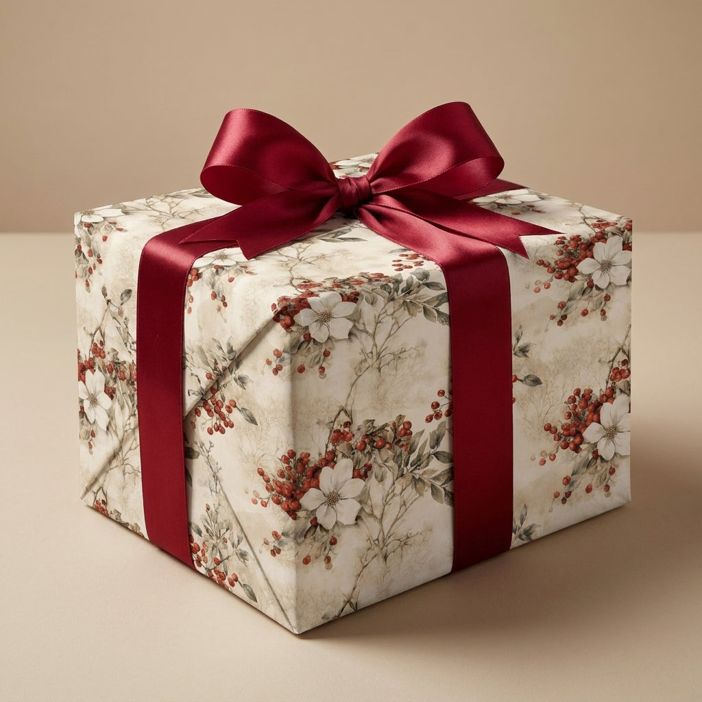 Vintage floral Christmas wrapping paper with red berries and burgundy satin bow by Wrapped Studios.