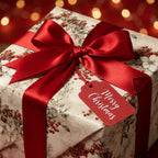 Vintage floral Christmas gift wrap with a red satin bow and Merry Christmas tag by Wrapped Studios.