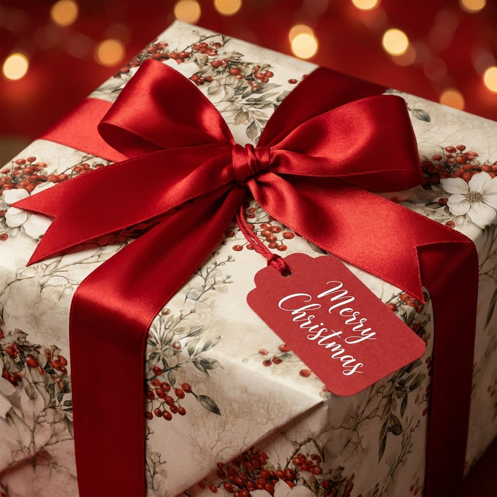 Vintage floral Christmas gift wrap with a red satin bow and Merry Christmas tag by Wrapped Studios.