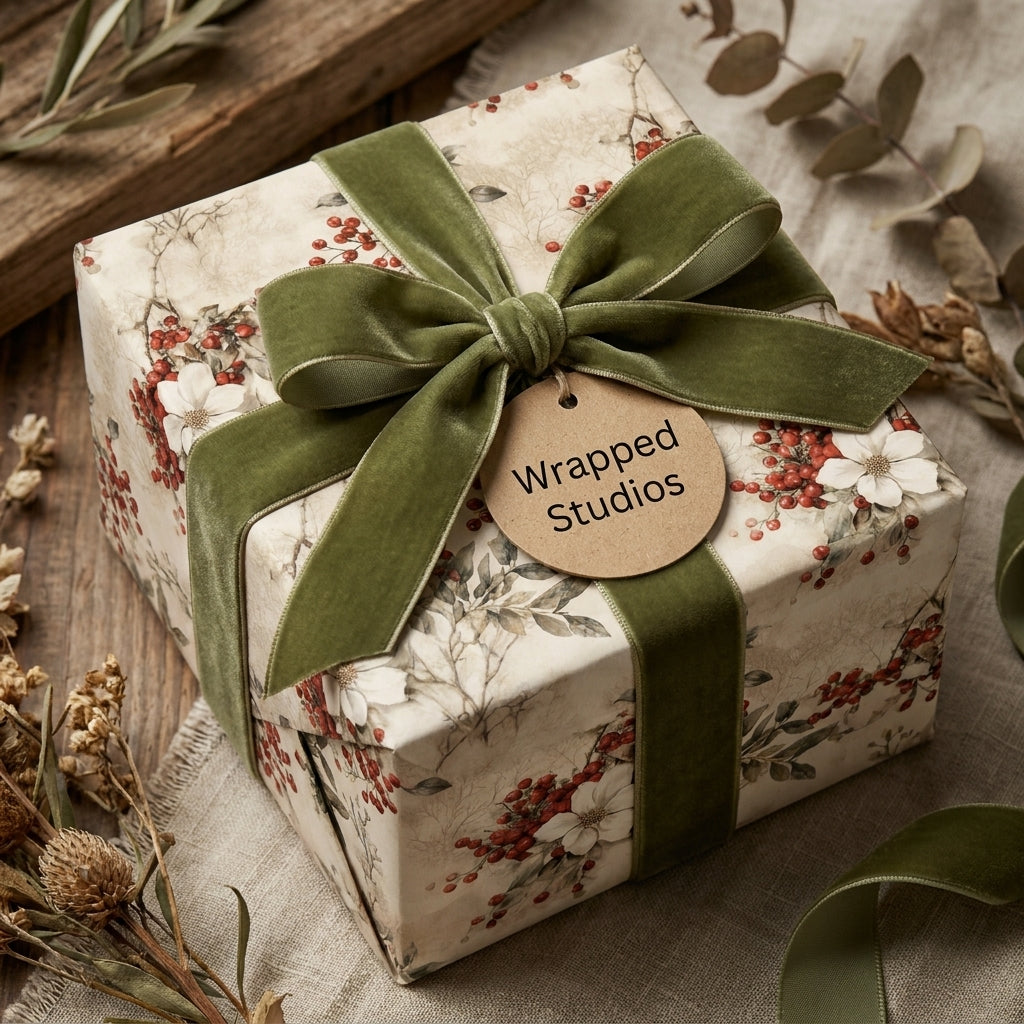 Luxury vintage Christmas wrapping paper with green velvet bow by Wrapped Studios.
