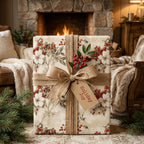 Rustic Christmas wrapping paper with white floral berry print and burlap bow by Wrapped Studios.