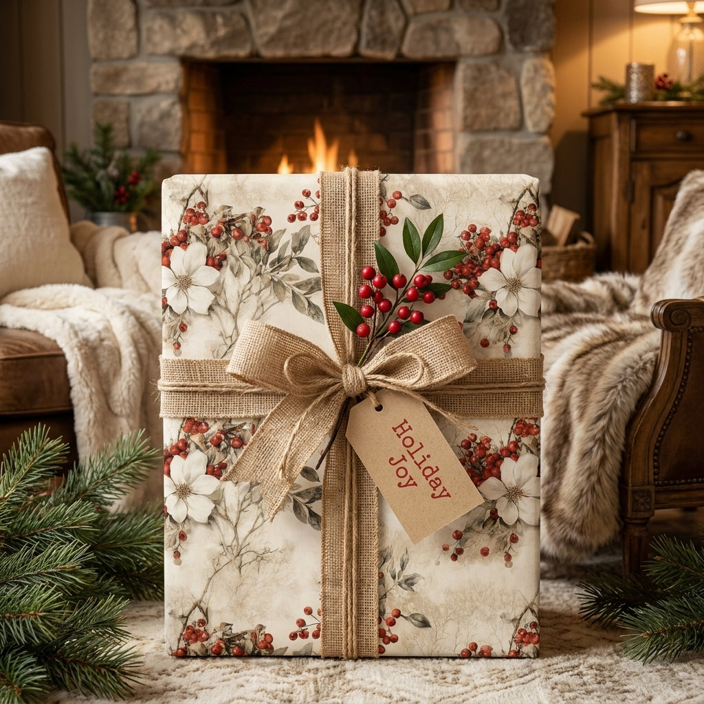 Rustic Christmas wrapping paper with white floral berry print and burlap bow by Wrapped Studios.