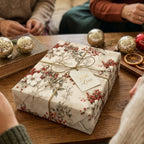 Vintage Christmas wrapping paper with floral botanical pattern and gold string by Wrapped Studios.