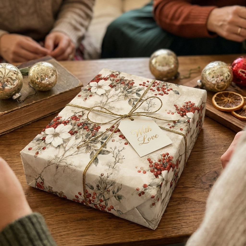 Vintage Christmas wrapping paper with floral botanical pattern and gold string by Wrapped Studios.