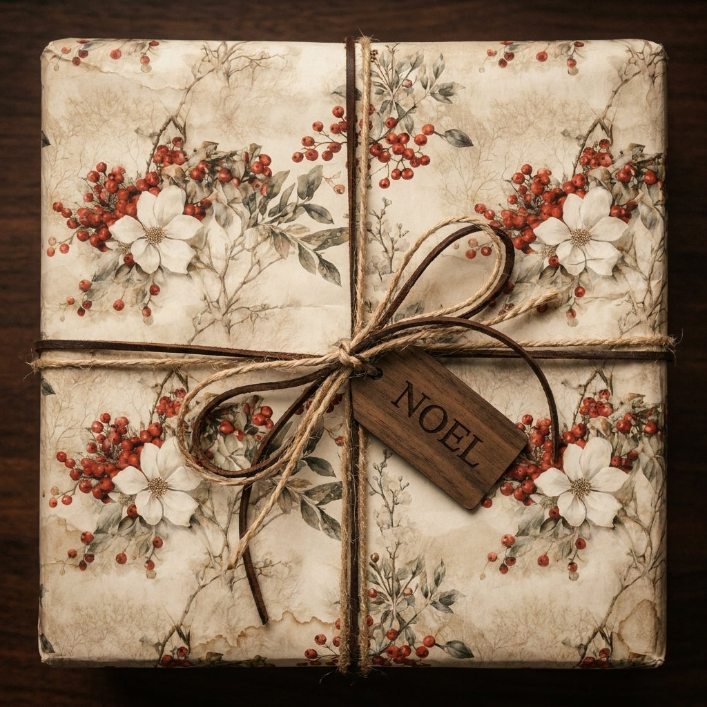 Vintage floral Christmas wrapping paper with red berries, twine, and a Noel tag by Wrapped Studios.