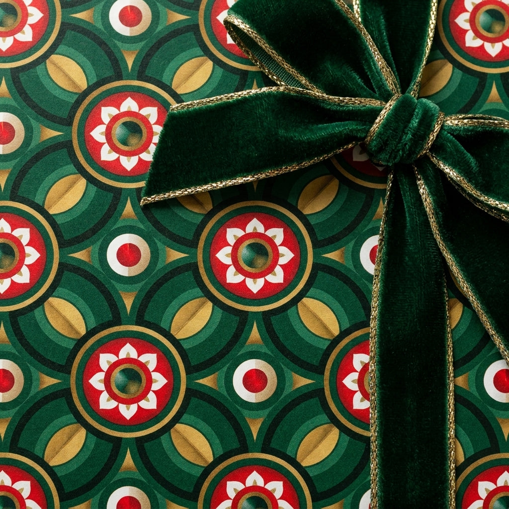 Luxury green and gold Christmas wrapping paper with geometric floral pattern and velvet bow by Wrapped Studios.