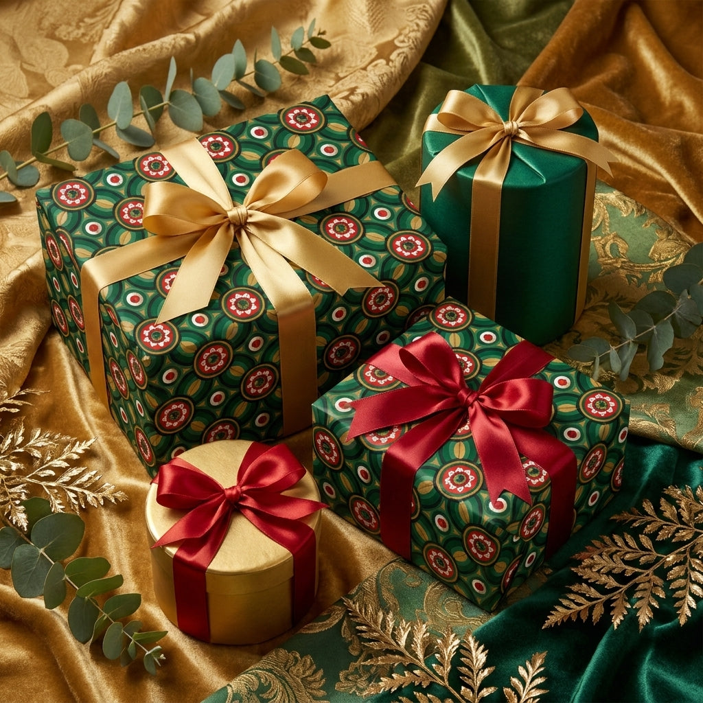 Luxury Christmas wrapping paper with elegant green, red, and gold retro patterns by Wrapped Studios.