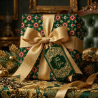 Luxury green and gold Christmas wrapping paper with elegant bow and vintage gift tag by Wrapped Studios.