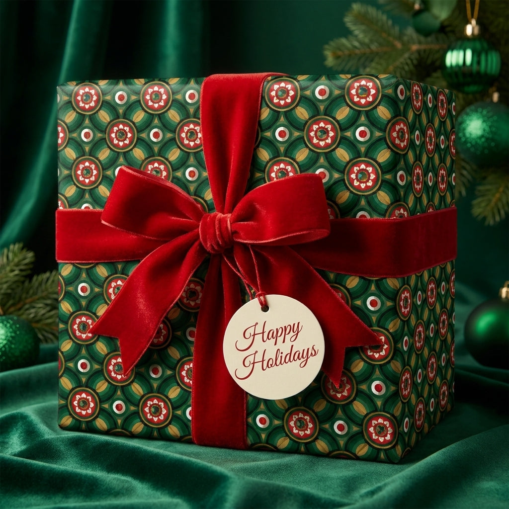 Luxury Christmas gift wrap with vintage green pattern, red velvet bow, and holiday tag by Wrapped Studios.