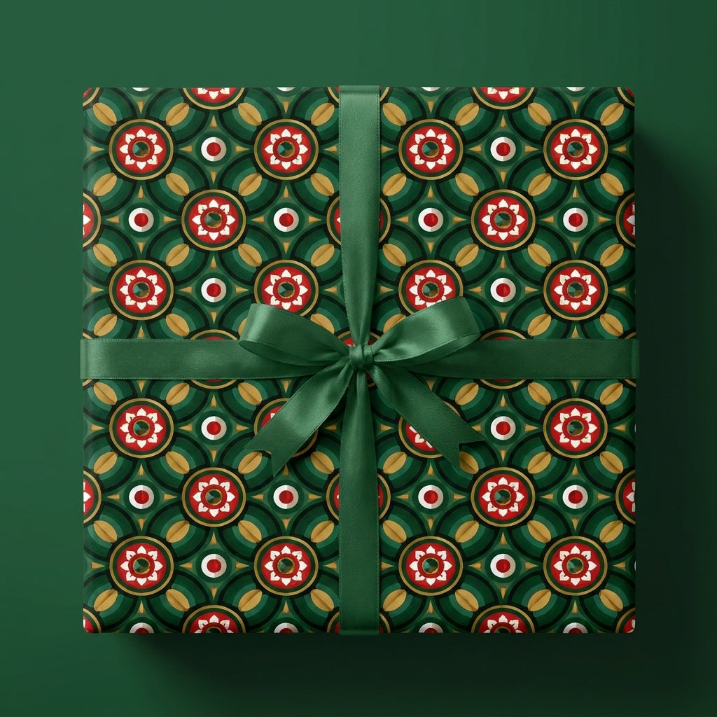 Luxury Christmas wrapping paper in green and gold geometric floral pattern with ribbon by Wrapped Studios.