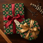 Elegant green Christmas wrapping paper with red and gold satin bows on gift boxes, by Wrapped Studios.