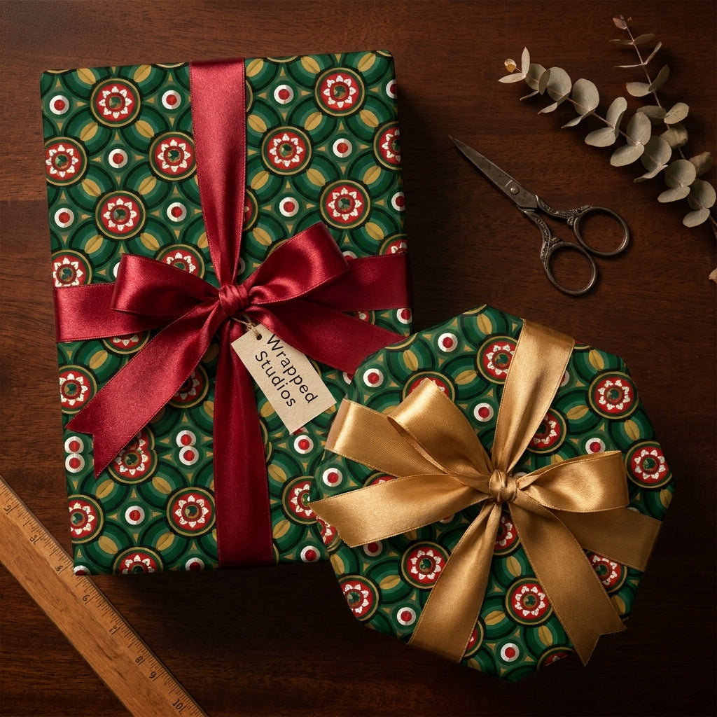 Elegant green Christmas wrapping paper with red and gold satin bows on gift boxes, by Wrapped Studios.