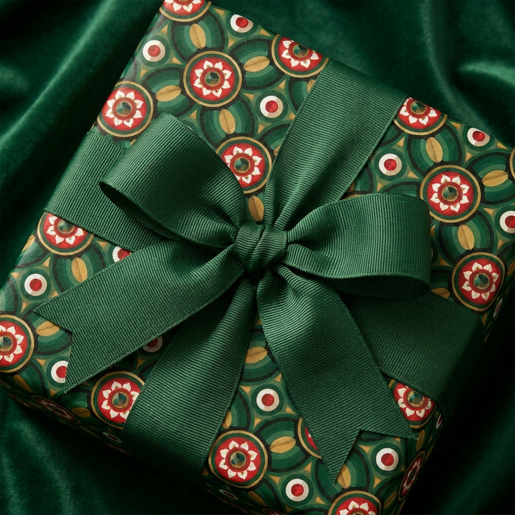 Luxury green and red Christmas wrapping paper with vintage gold pattern and bow by Wrapped Studios.