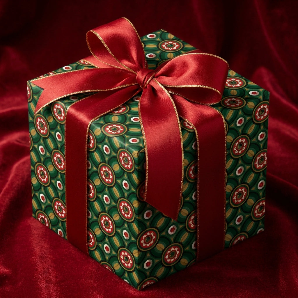 Luxury Christmas gift wrap with retro green pattern and elegant red bow, by Wrapped Studios.